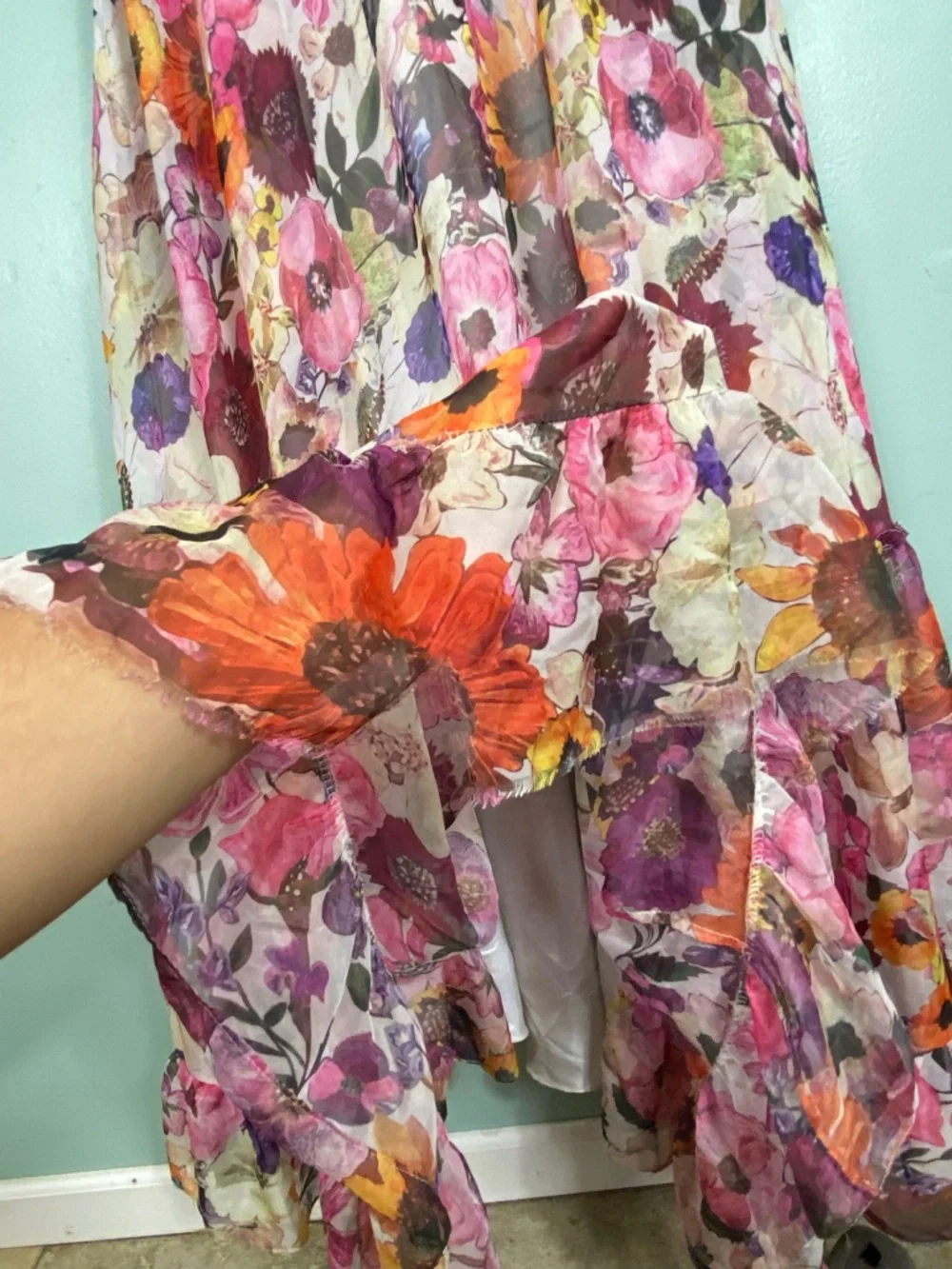 Mac Duggal Asymmetrical Ruffled Halter Gown Floral Maxi Dress Size 4 - Picture 12 of 13